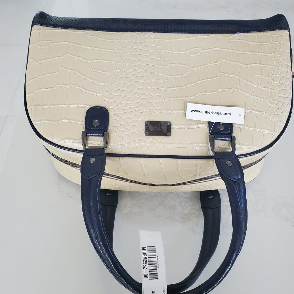 Cutler Cream & Navy Croc Embossed Travel  Bowling Bag Duffle Style Satchel Bag - Picture 9 of 15